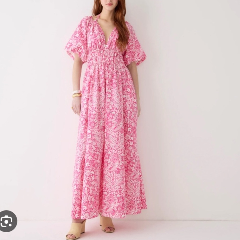 J Crew Collection Open Back Smocked Waist Maxi Dress in Pink Mermaid Floral L